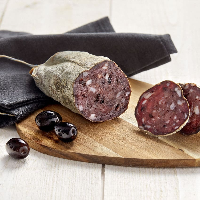 Saucisson aux olives noires de Nyons AOP (300g) - Le monde du saucisson