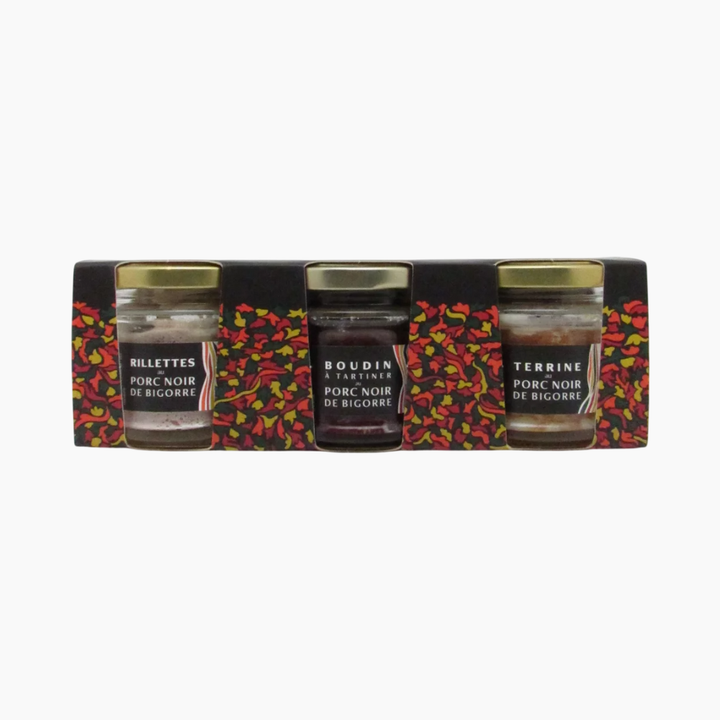 Coffret trio de verrines de Porc Noir de Bigorre (terrine, rillettes, boudin)