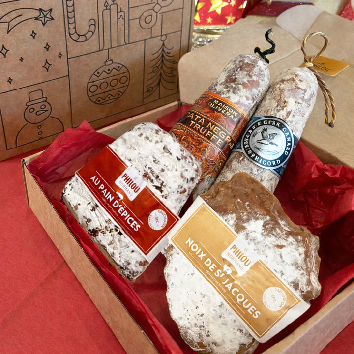 Coffret de Noël 4 saucissons n°2 - Foie gras, truffe, noix de saint jacques, pain d'épices