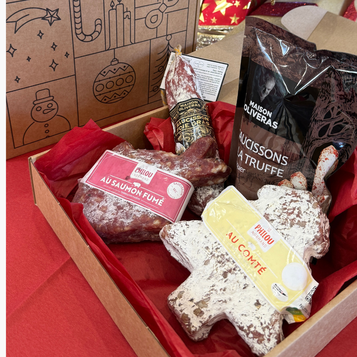 Coffret de Noël 4 saucissons (Foie gras, saumon fumé, truffes, comté)